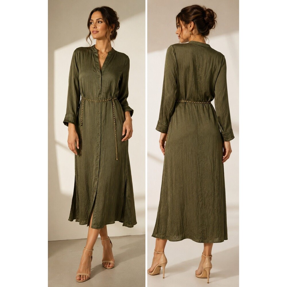 Zara Olive Green Satin Midi Dress XS